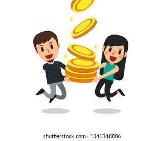 Business concept vector cartoon man and woman with big coins stack for design.
