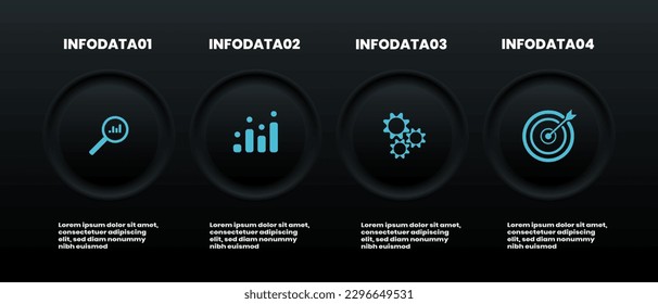 Concepto de negocio de gráficos vectoriales cuatro pasos e iconos de negocio de fondo negro, botones pulsadores