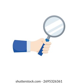 Geschäftskonzept Vektor der Hand halten Lupe für Analyse, Suche, Forschung, Dateninspektion, Fokus oder Untersuchung Thema in flachen modernen Stil Illustration.