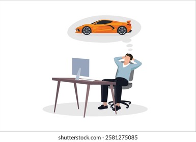 Business concept vector icon logo sign illustration of a businessman daydreaming about driving a sport car

