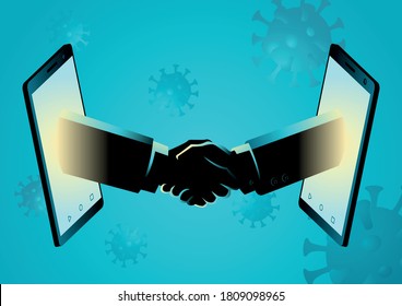 Concepto empresarial, ilustración vectorial de los acuerdos comerciales a través de teléfonos inteligentes durante la pandemia