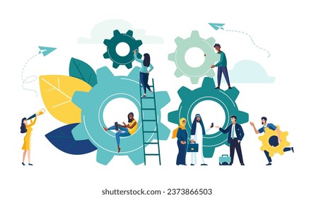 Geschäftskonzept, Vektorgrafik. Wirtschaftsabkommen mit einem arabischen Scheik, Dubai. Mechanische Verbindungen für kleine Menschen.Zahnräder, Menschen sind in der Förderung von Unternehmen, Strategie-Analyse, Kommunikation engagiert