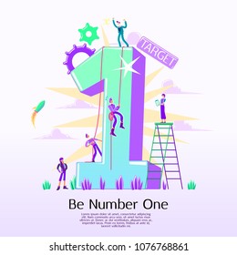 Business concept of vector illustration, be number one, the top of the cart, teamwork job, a man standing on the top, people climbing to reach the top, target achievement, strategy analysis