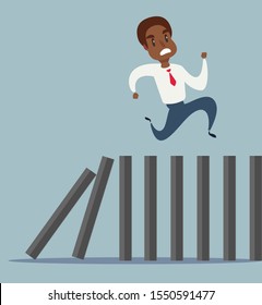 Business concept vector illustration of a black african american businessman running on top of domino effect