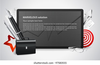 Business concept. Vector illustration of black board with graphic, business elements (pen, suitcase, star, target, mail, arrow, documents) and place for text. Usable for different business design