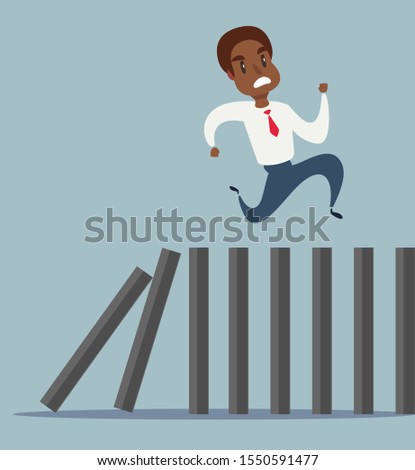 Business concept vector illustration of a black african american businessman running on top of domino effect