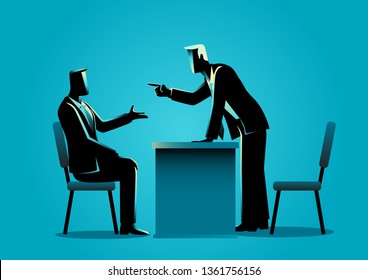 Business concept vector illustration of a boss pointing his finger to his employee, business, fired, angry management concept