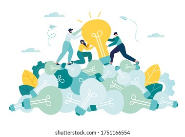 Business concept vector illustration, brainstorming, idea in the form of an abstraction light bulb, a group of people climbed up on extinct light bulbs