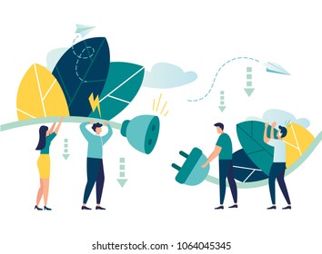 Business concept vector illustration, bug 404, disconnection from the Internet, unavailable, few people get angry, the network is broken, people try to attach a cable vector