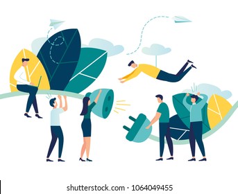 Business concept vector illustration, bug 404, disconnection from the Internet, unavailable, few people get angry, the network is broken, people try to attach a cable vector