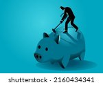 Business concept vector illustration of businessman smashing giant piggy bank with sledge hammer, needs emergency money, using money in financial crisis concept