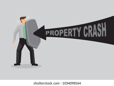 Business concept vector illustration of a businessman holding a shield and protect himself from property crash. Concept of protecting from the danger of property world.