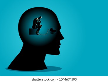 Business concept vector illustration of a businessman in human head being chained, tied up thinking, struggle, lack of creativity, chained thoughts in business concept