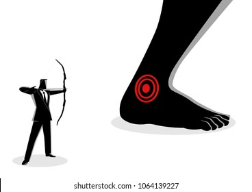 Business concept vector illustration of businessman as an archer aiming giant feet's heel, idiom for Achilles' heel, a weak point or fault in someone or something otherwise perfect or excellent.