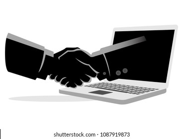 Business concept vector illustration of a businessman shake hands with a hand comes out from a lap top computer