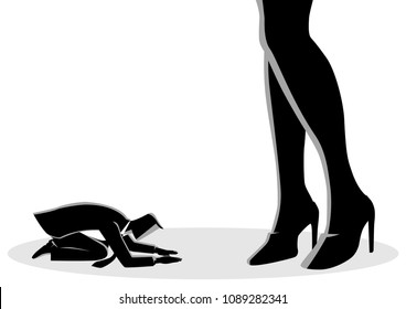 Business concept vector illustration of a businessman prostrated under female foot