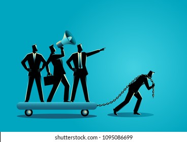 Business concept vector illustration of a businessman dragging his bossy coworkers alone