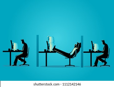 Business concept vector illustration of a businessman relaxing while his friends working