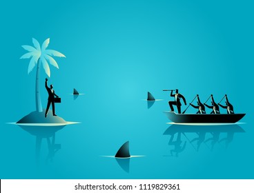 Business concept vector illustration of a businessman get stuck on island with water full of shark, and businessmen on boat trying to rescue him 