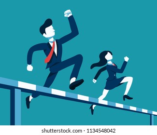 Business Concept Vector Illustration Businessman And Businesswoman Jumping Over Hurdle Race For Design.