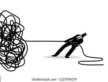 Business concept vector illustration of a businessman trying to unravel tangled rope or cable