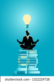 Business concept vector illustration of a businessman doing yoga on books pile with light bulb on his head. Ideas, learning, knowledge concept