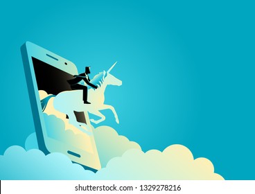 Business Concept Vector Illustration Of A Businessman Riding A Unicorn Comes Out From Cellular Phone 