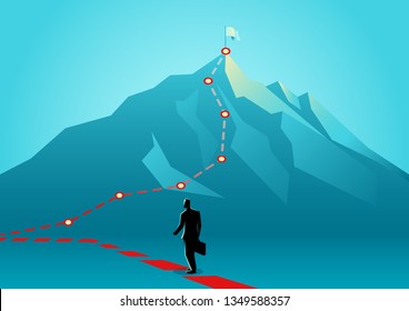 Business concept vector illustration of a businessman following the red lines which leading to the top of a mountain