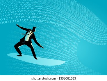 Business concept vector illustration of a businessman surfing on binary numbers