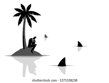 Business concept vector illustration of a businessman get stuck on island with water full of sharks, business, financial crisis, frustration, castaway concept
