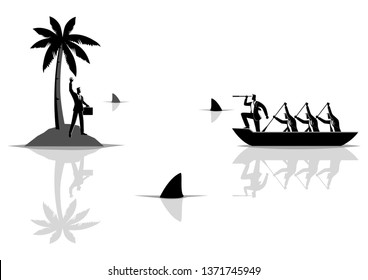 Business concept vector illustration of a businessman get stuck on island with water full of sharks, and businessmen on boat trying to rescue him 