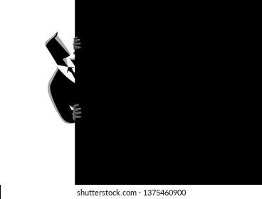 Business concept vector illustration of a businessman peeking from behind wall