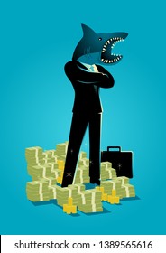 Business concept vector illustration of a businessman as a shark standing with a lot of money underneath him