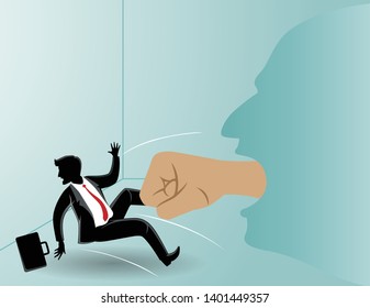 business concept vector illustration, a businessman beaten by giant hand of face shadow