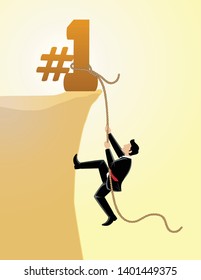 business concept vector illustration, a businessman climbing a rock hill to be a number one