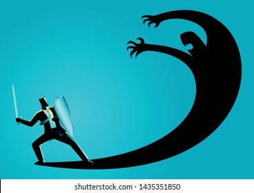 Business concept vector illustration of a businessman as a knight fighting his own shadow