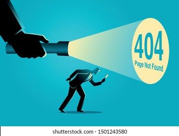 Business concept vector illustration of a businessman being guided by a hand holding a flashlight uncovering 404 error page not found sign