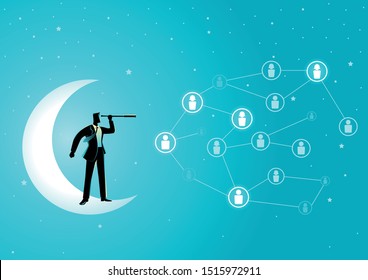 Business concept vector illustration of businessman standing on crescent moon with telescope looking for candidate. Social connection, human resources concept