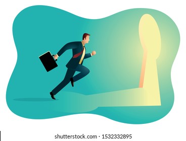 Business concept vector illustration of a businessman running towards a key hole. Business, chance, opportunity, success concept