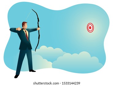 Business concept vector illustration of a businessman aiming target with bow