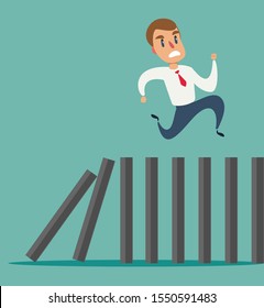 Business concept vector illustration of a businessman running on top of domino effect