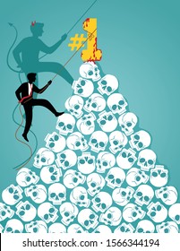 Business concept vector illustration, businessman with his evil shadow  climbing on a pile of skulls