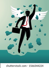 Business concept vector illustration, businessman flying break through wall