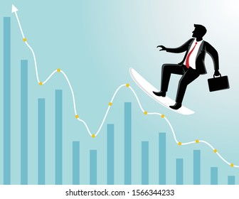 Business concept vector illustration, businessman riding surfboard on bar chart economy