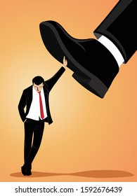 Business concept vector illustration, a businessman hold on giant foot