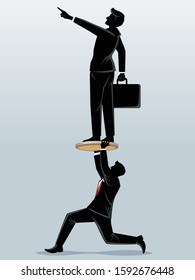 Business concept vector illustration, a businessman lift a man with suitcase by coin