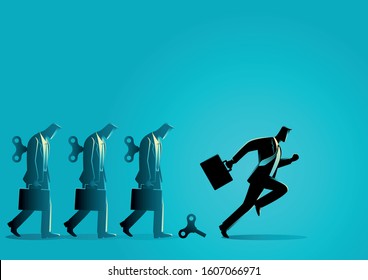 Business concept vector illustration of a businessman running after his winder released. Free will, freedom concept