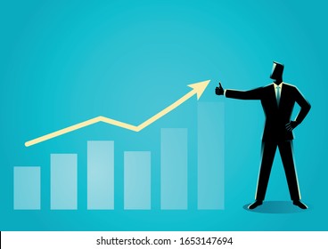 Business concept vector illustration of a businessman posing doing thumb up with increasing graphic chart