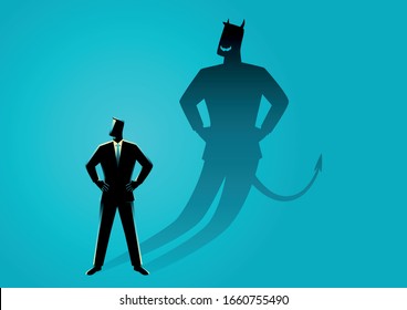 Business concept vector illustration of a businessman with his devil shadow