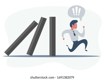 Business concept vector illustration of a businessman run away from domino effect